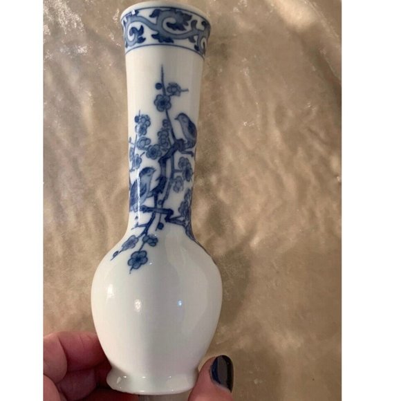 Andrea By Sadek, Japan, blue and white bud vase with birds in flowering tree, 7” - Picture 1 of 4